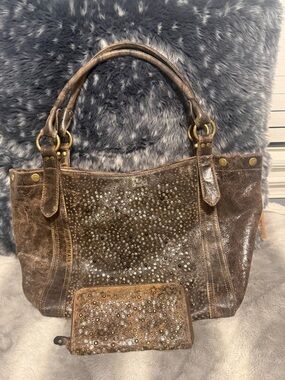 Frye Brown Distressed Deborah Studded Leather Tote with Matching Wallet